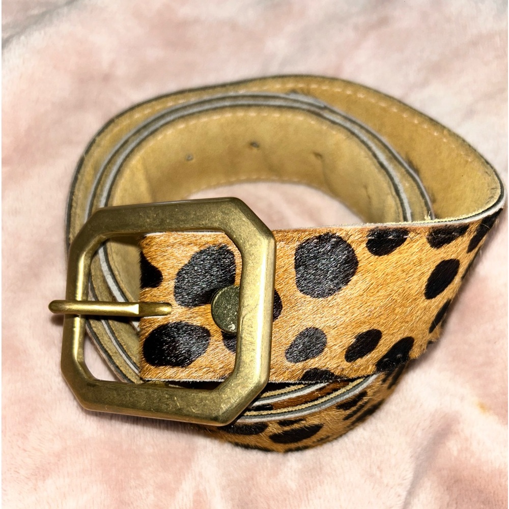JJ Winters Leopard Haircalf Belt with Brass Geometric Buckle - Tan & Black
